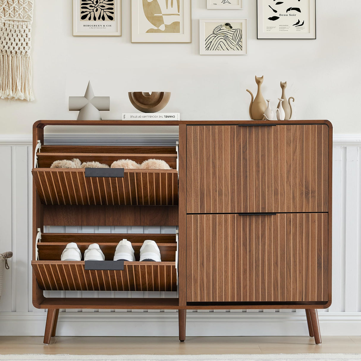 47" Fluted Large Shoe Cabinet with 4 Flip Drawers, Slim Freestanding Shoe Cabinet Organizer, Narrow Shoes Storage Rack for Entryway, 5 Sturdy Legs (All Walnut, 9.45" D x 47.24" W x 35.83" H) FurSch