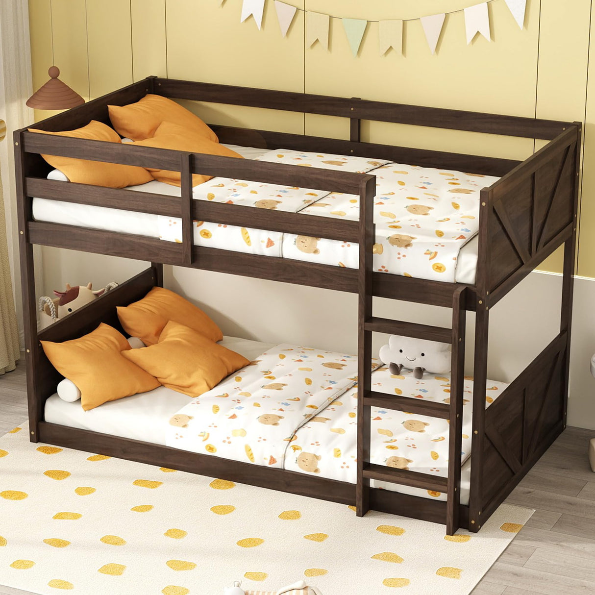 jurmiture Bunk Bed Twin Over Twin Low Bunk Bed, Floor Bunkbeds with Panelled Headboard and Footboard, Solid Rubber Wood Foundation with Safety Guardrails, Built-in Ladder, Antique Oak jurmiture