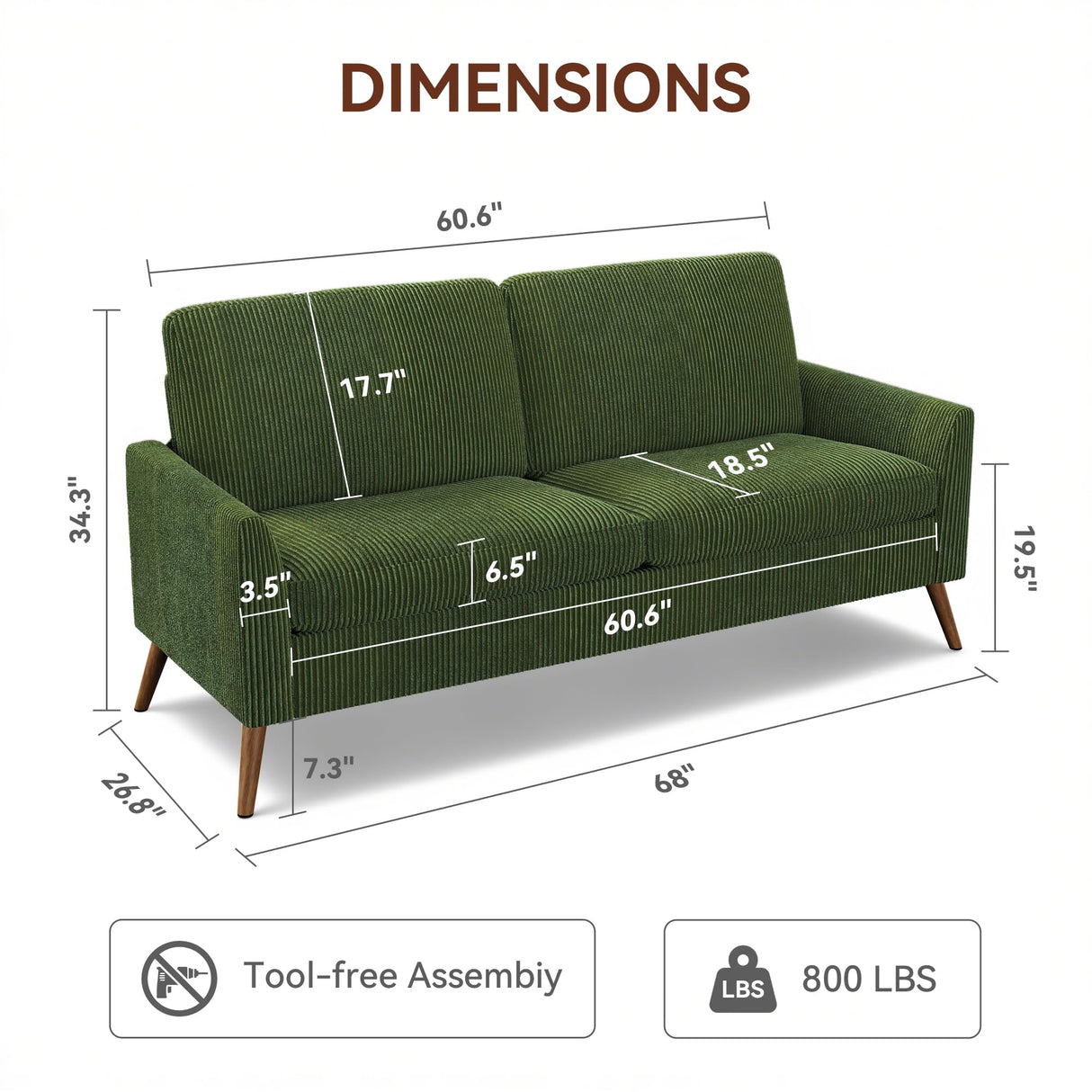 Vipbear 68" Loveseat Sofa - Green, Comfy Corduroy with Spring Cushion, Solid Wood Frame, Modern Deep Seat, Bedroom & Living Room, Office Small Couch Vipbear