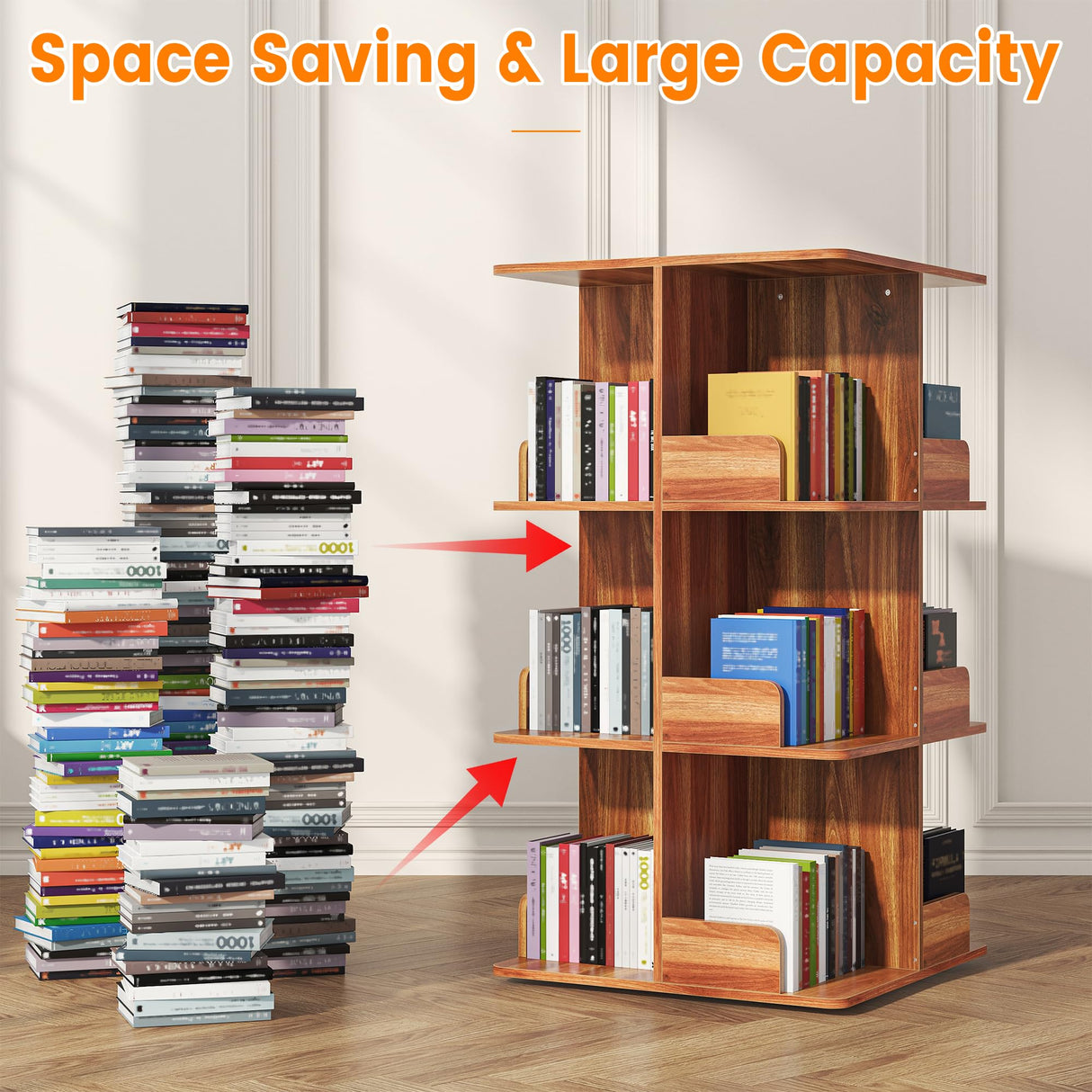 Semoic Rotating Bookshelf, 360° Display 4 Tier Square Revolving Bookcase, Spinning Book Shelf Tower, Freestanding Corner Bookshelf Storage Rack for Kids & Adults for Living Room Semoic