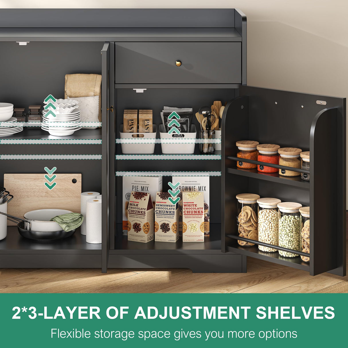 kepptory Large Kitchen Island with Storage, Kitchen Island with Trash Can & Adjustable Shelves & Drawers & LED Light, Kitchen Pantry Storage Cabinet for Home Office Use (Black, 13" D x 54" W x 32" H) kepptory