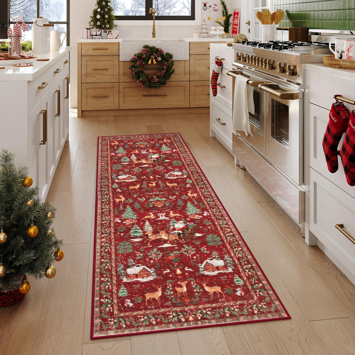 Lahome Christmas Runner Rug 2x6 Red Runners for Hallways,Kitchen Rugs Non Slip Washable Entryway Carpet Runner,Soft Christmas Tree Santa Claus Runners for Bathroom Bedside Holiday Decor(2'x6',Red) Lahome