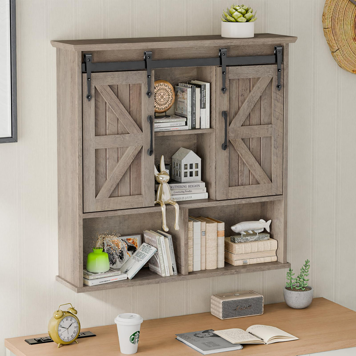 Vabches Bathroom Wall Cabinet, Farmhouse Wooden Medicine Cabinet with Double Sliding Barn Door and Adjustable Shelves, Farmhouse Storage Cabinet Wall Mounted for Bathroom, Kitchen Dining, Washed Oak Vabches