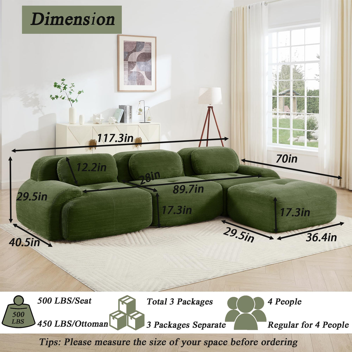YESER Modular Sectional Sofa Boneless Couch, Cloud Sectional Couches for Living Room, Oversized L Shaped Couch with Deep Seat and Ottoman, Comfy Corduroy Upholstery Green Couches, No Assembly(3S+1O) YESER