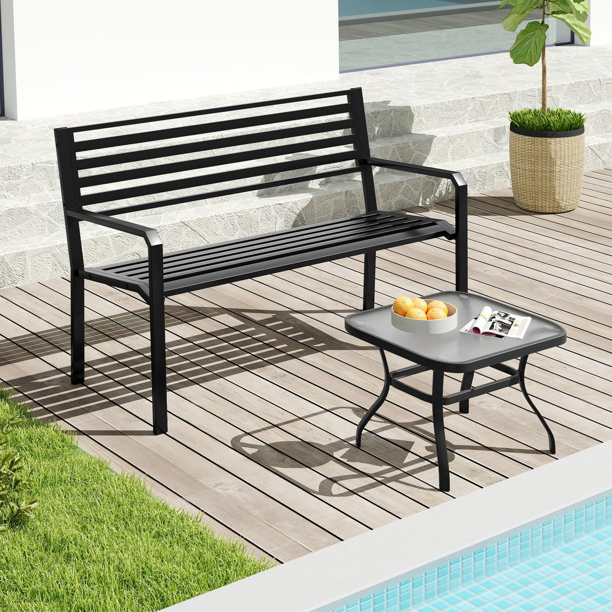 Tangkula 50” Outdoor Metal Park Bench, Patio Slatted Garden Bench for 2-3 People with Armrests & Backrest, Heavy-Duty Modern Seating for Backyard, Poolside, Porch Tangkula
