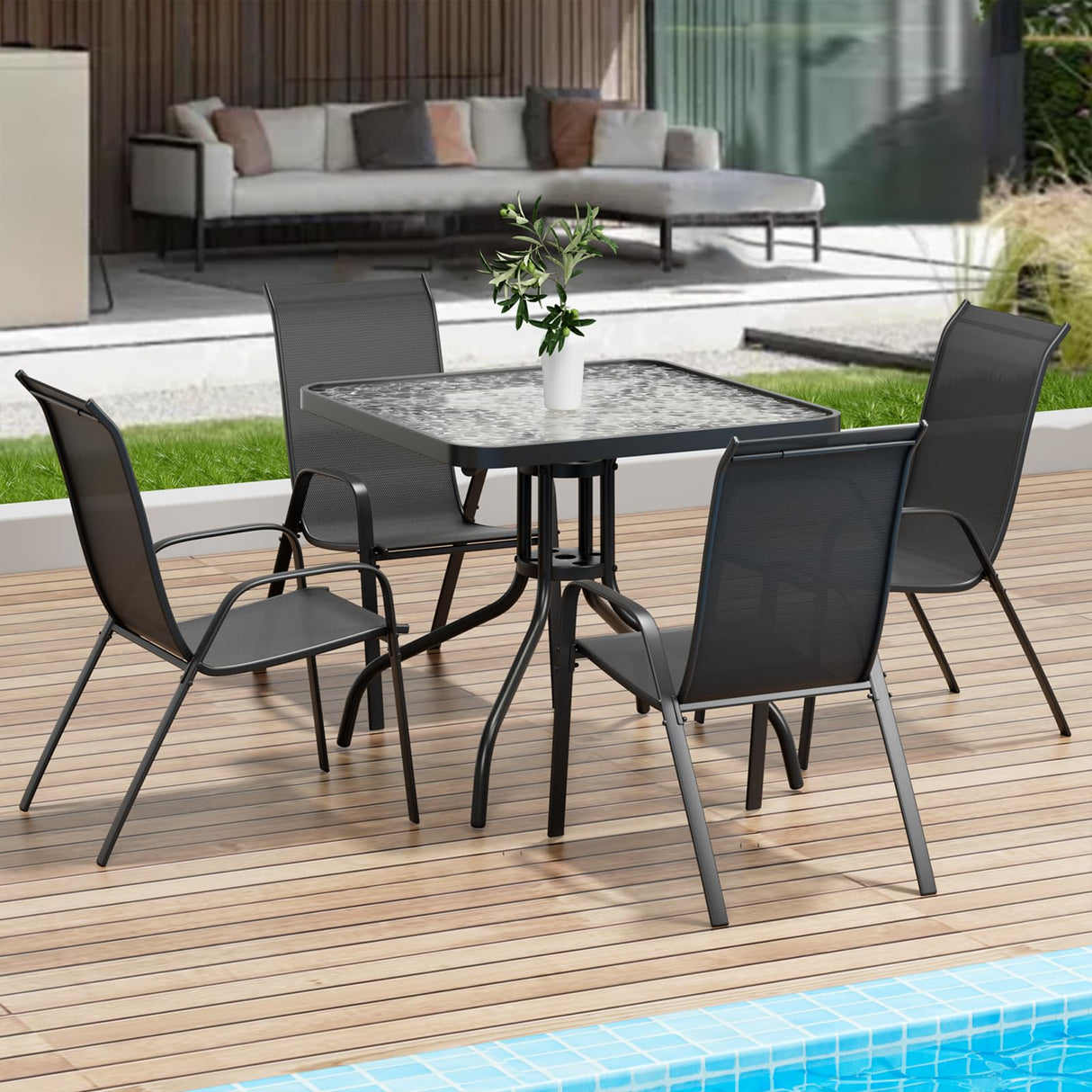 Arlopu 5 Piece Outdoor Patio Dining Set (Umbrella not Included), Porch Furniture with 4 Textline Chairs, 1 Square Glass Table for Garden, Backyard and Poolside, Lawn (Black) Arlopu