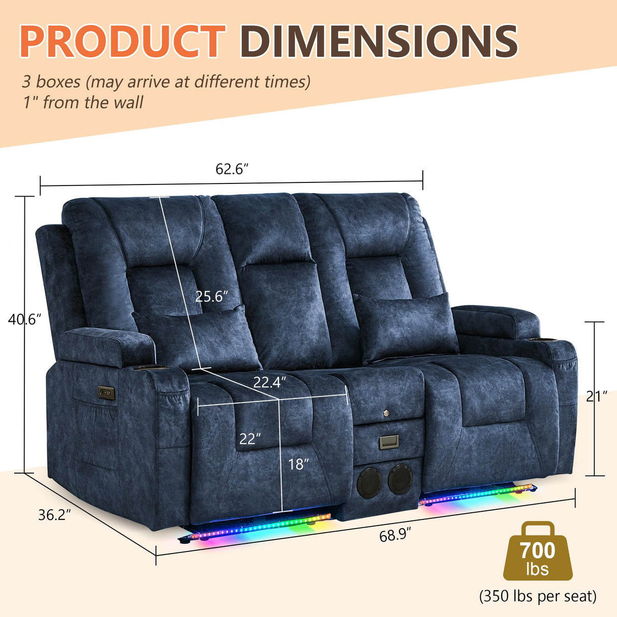 Houjud Power Reclining Loveseat Recliner Sofa with Console, Wall-Hugger RV Couch with USB Ports, Cup Holders, Bluetooth Speakers & Ambient Lighting for Home Theater or Camper, Velvet, Blue Houjud