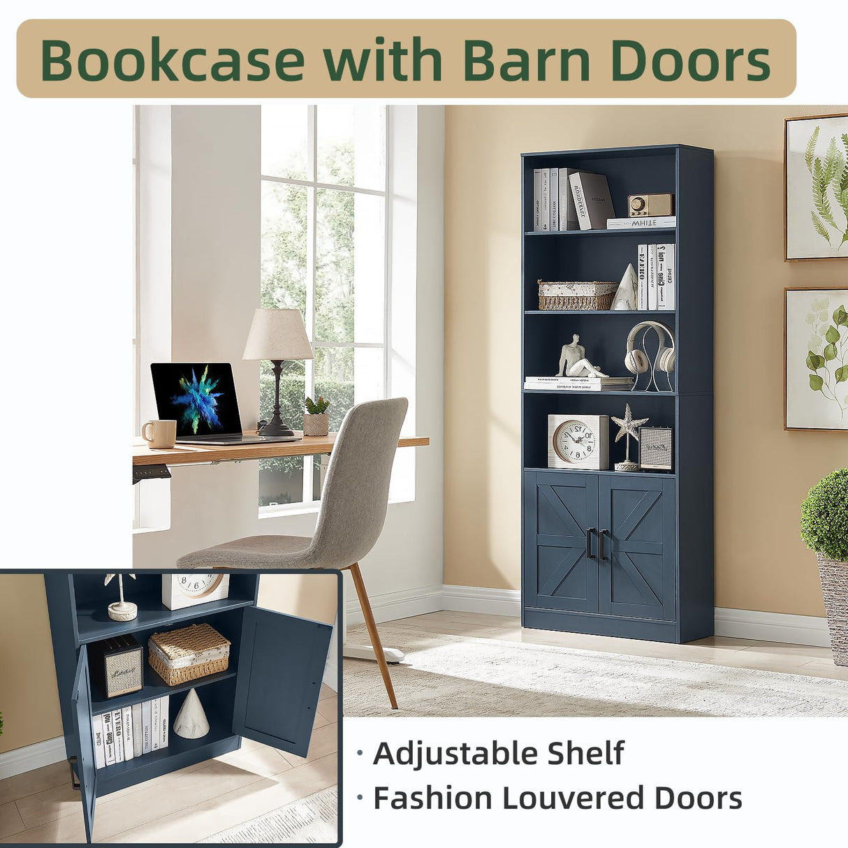 RWYHG 70in Tall Bookshelf 6 Tier Bookcase with Barn Doors and Adjustable Shelf, Blue Farmhouse Book Shelves with Storage Cabinet, Wood Floor Standing Display Bookshelve for Bedroom,Living Room,Kitchen RWYHG