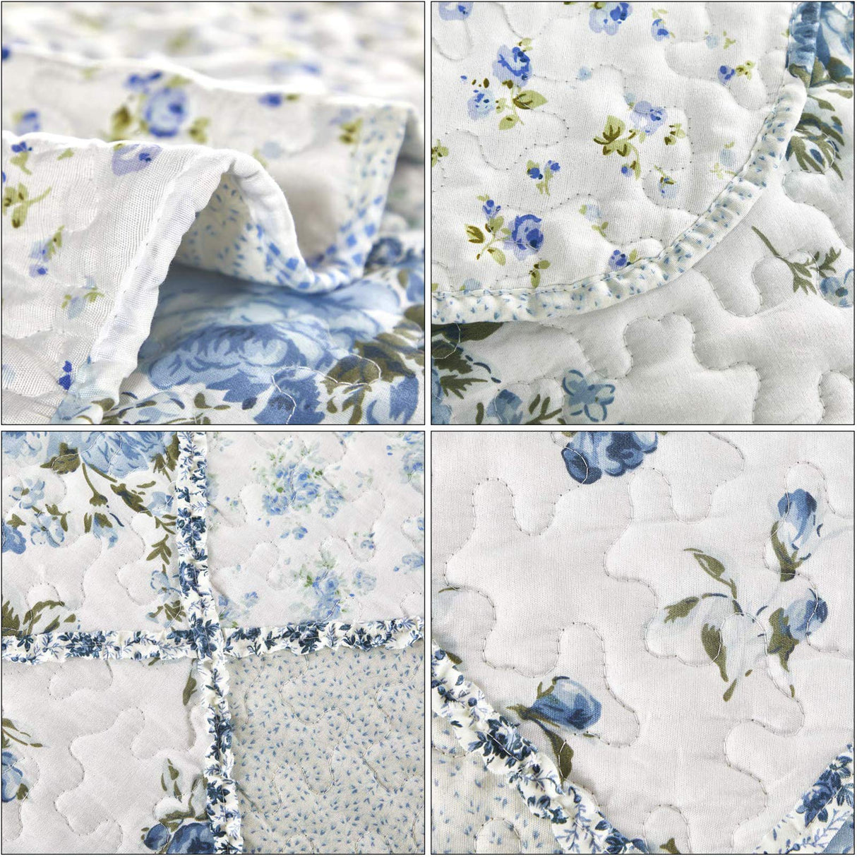 VIVILINEN Blue Floral Patchwork Quilt Set, Full Queen Size, 3 Piece Bedding Set with 2 Pillowcases VIVILINEN