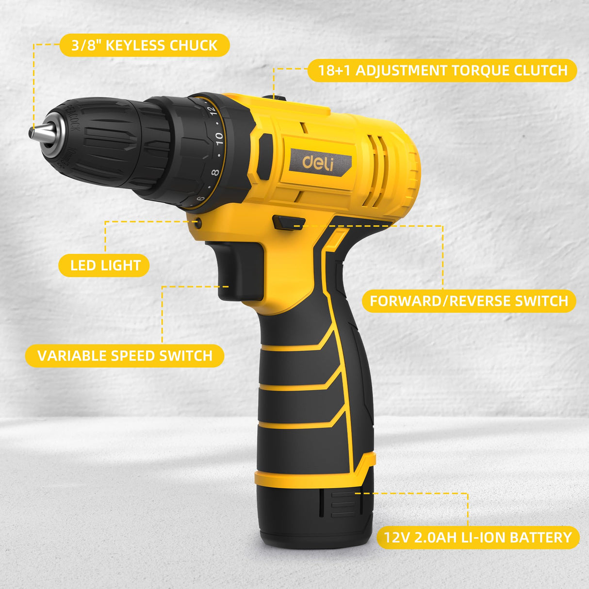 DELI 12V Cordless Drill Set, 2.0Ah Battery with Charger, 3/8'' Keyless Chuck, 18+1 Torque Settings, Electric Mini Drill for Home Improvement deli