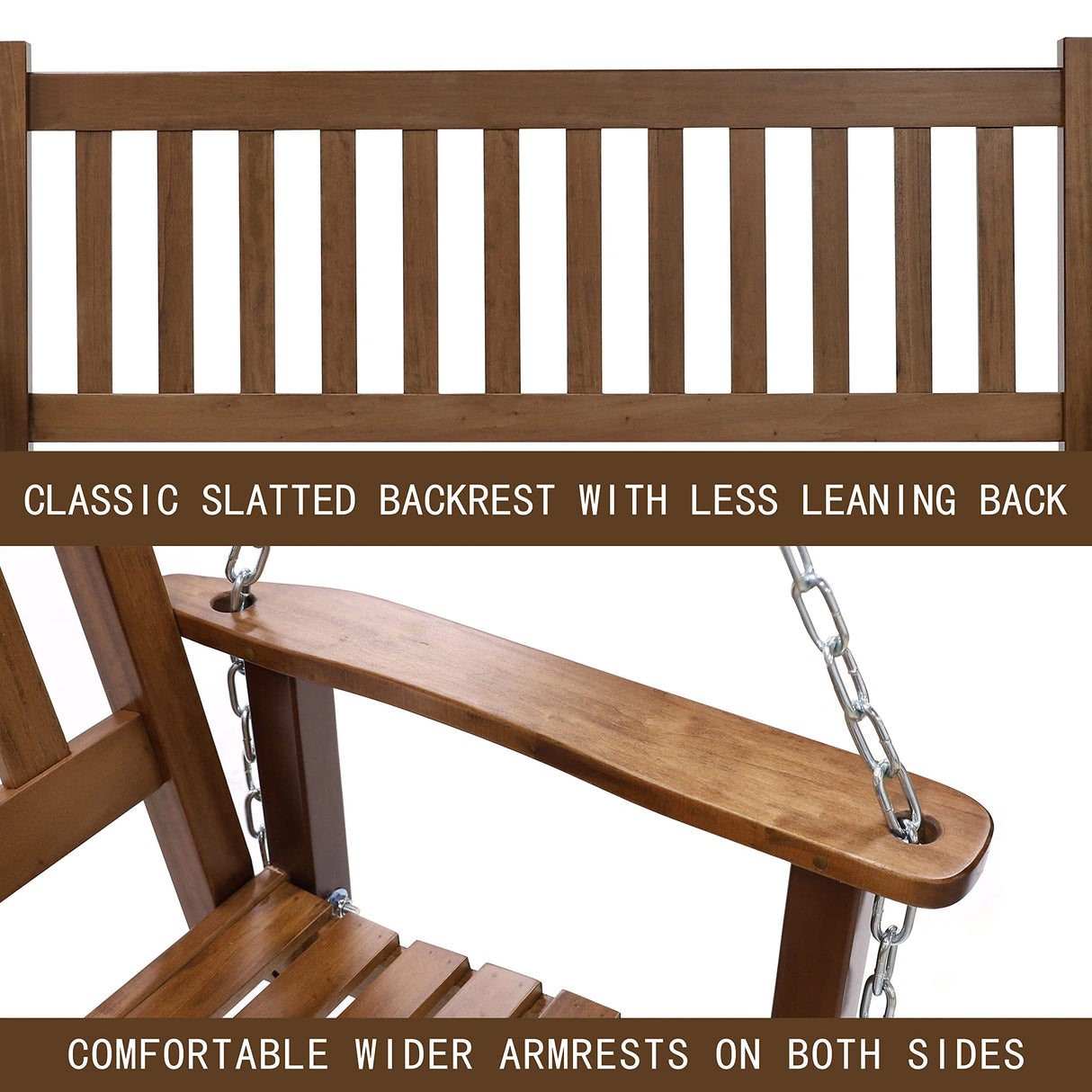 MUPATER Outdoor Patio Hanging Wooden Porch Swing 5FT with Chains, 3-Person Heavy Duty Swing Bench for Garden and Backyard, Wood Brown MUPATER