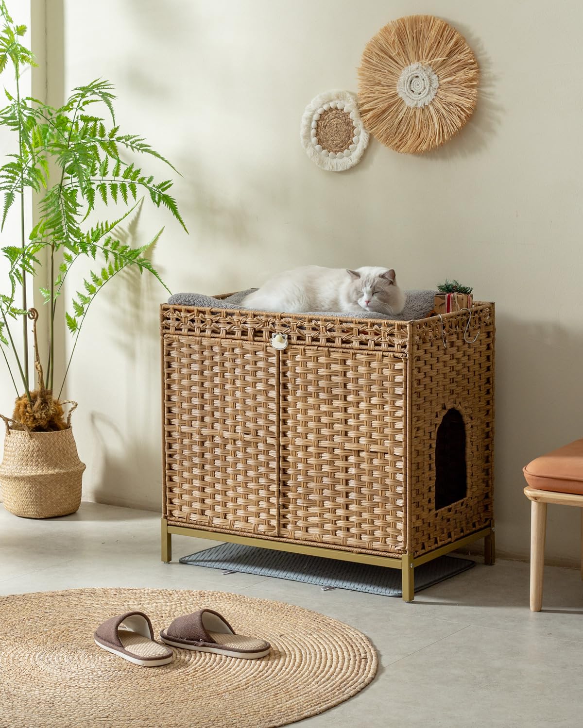 SETVSON Cat Litter Box Enclosure, Hidden Litter Box Furniture with Cat Litter Mat, Large Hidden Cat Litter Box Furniture, Handwoven Rattan Cat House with Metal Heightened Feet 30.3×18.3×28 Inches SETVSON