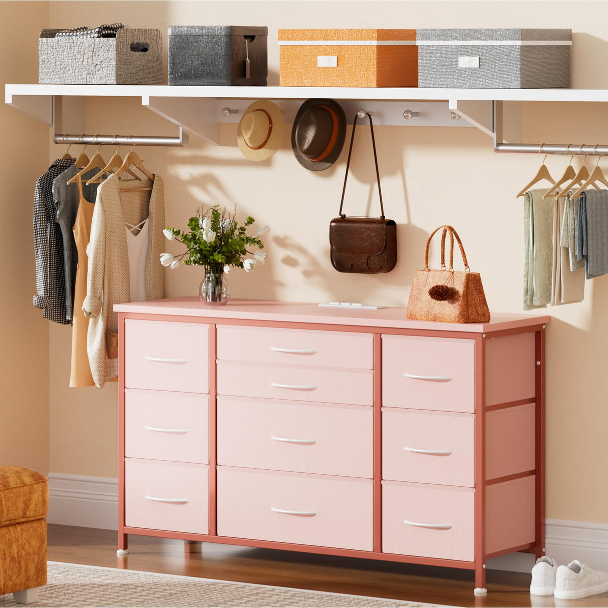 Pink Dresser for Bedroom, Modern Dresser with 10 Drawers, 55 Inch Tv Stand Dressers with Power Outlet, Storage Unit Organizer Chest of Drawers for Closet, Kid Room, Dressers Cupboard for Bedroom Takywep