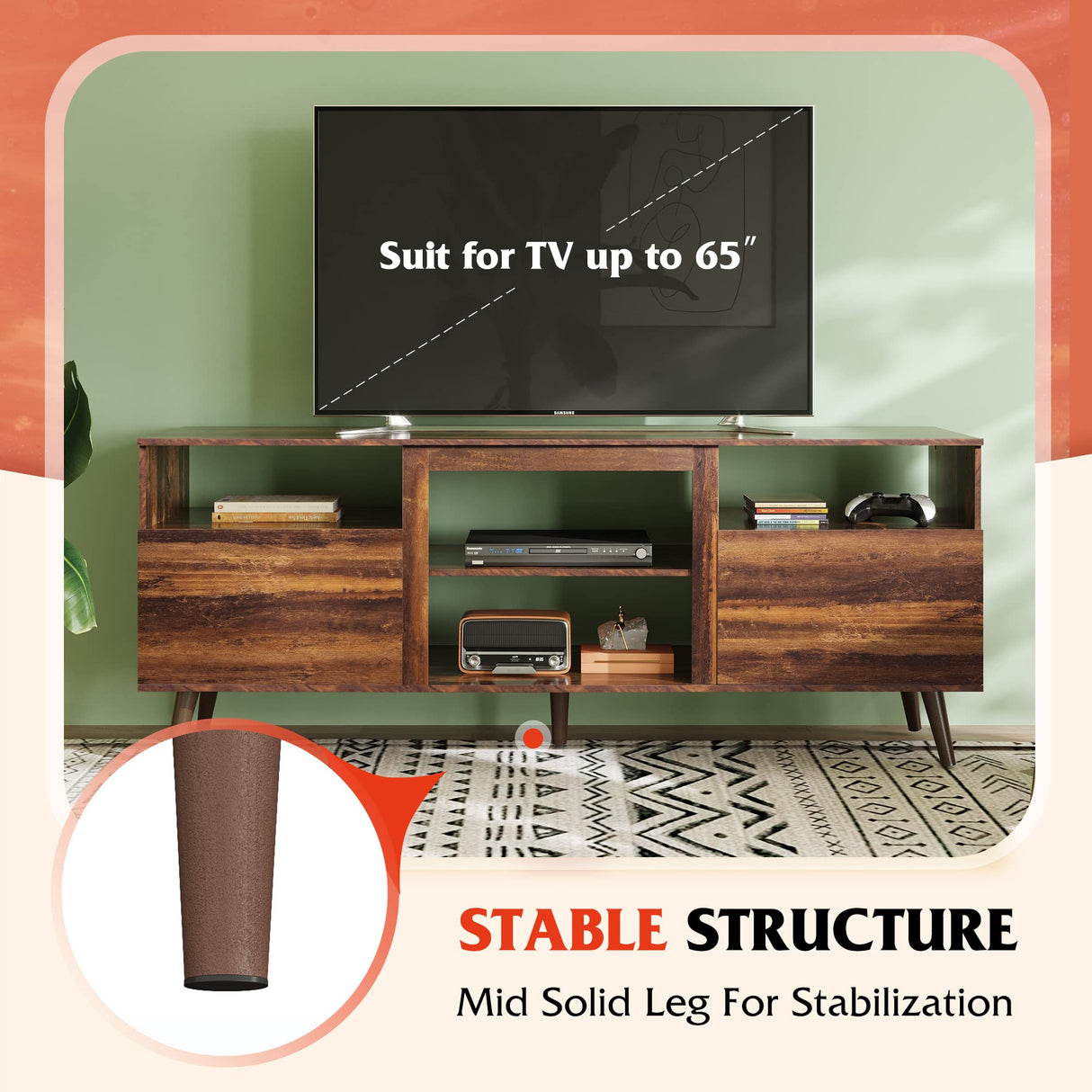 WLIVE TV Stand for 65 Inch TV, 58 inch Entertainment Center with 2 Storage Cabinets, Media Console for Living Room, Bedroom and Office, Retro Brown WLIVE