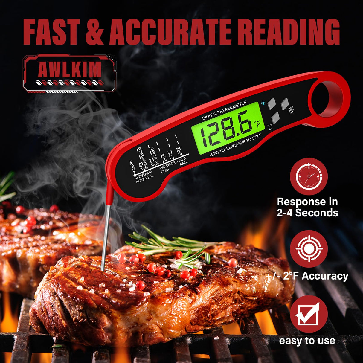 AWLKIM Digital Meat Thermometer for Cooking - Waterproof Kitchen Thermometer with Backlight and Hold, Fast Instant Read Food Thermometer, Candy Making, Outside Grill, Stocking Stuffers for Adult Men AWLKIM