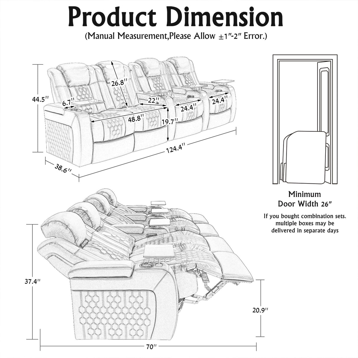 NMXUXMN Home Theater Seating,Top-Grain Leather Recliner Sofa, Zero Gravity Power Reclining Couch with Ambient LED Lights, Cup Holders & USB, Tray Table-Row of 4 Loveseat Left Coffee NMXUXMN