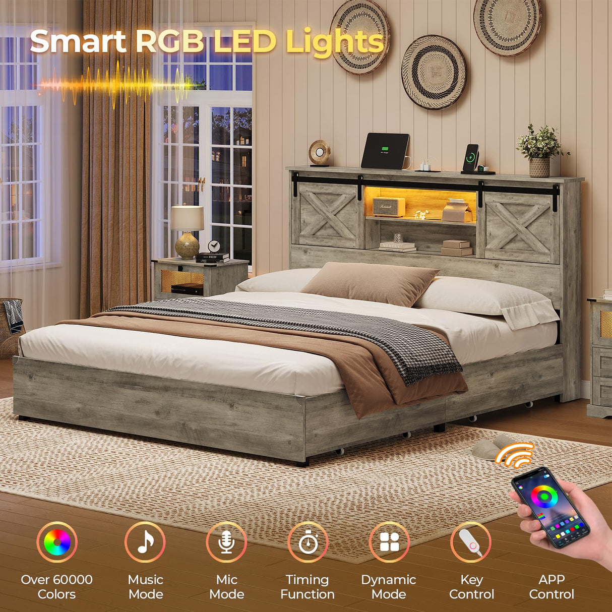 Hasuit Farmhouse Bed Frame King Size with 4 Storage Drawers, Wooden Platform King Beds with Charging Station and LED Lights, Rustic Bed with Storage Headboard and Sliding Barn Door Hasuit