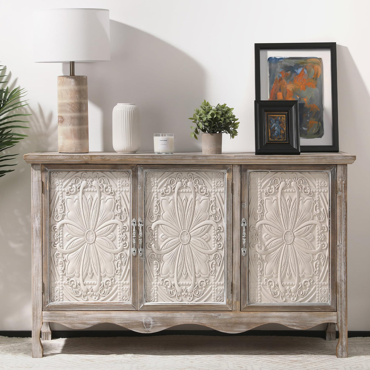 RoyalCraft Sideboard Buffet Cabinet with Storage,49'' Solid Wood Farmhouse Sideboard Credenza Accent Cabinet with 3 Craved Doors, TV Console Table for Entryway, Livng Room, Kitchen, Wash Grey RoyalCraft