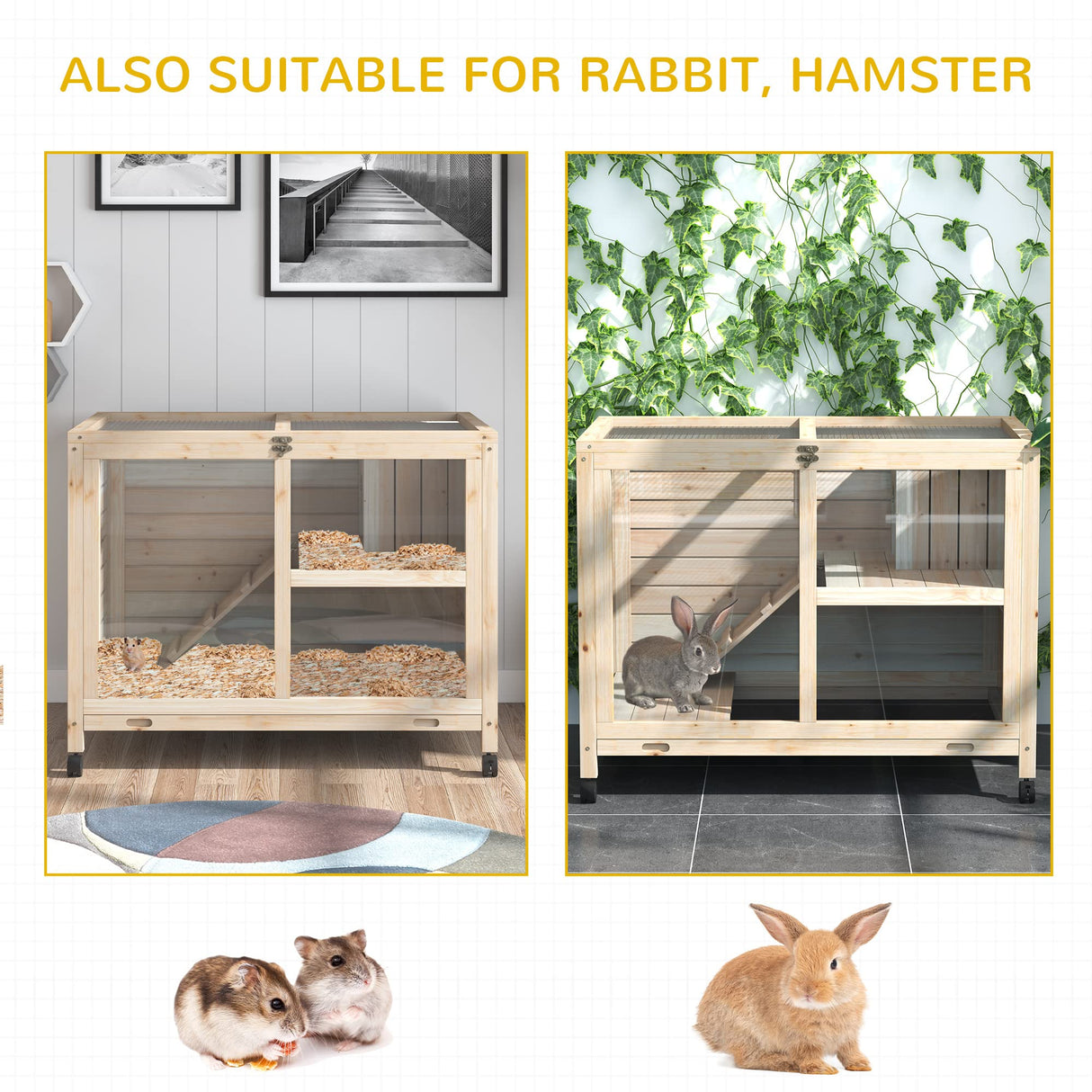PawHut Indoor Rabbit Hutch with Wheels, Desk and Side Table Sized, Wood Rabbit Cage, Waterproof Small Rabbit Cage, Natural PawHut