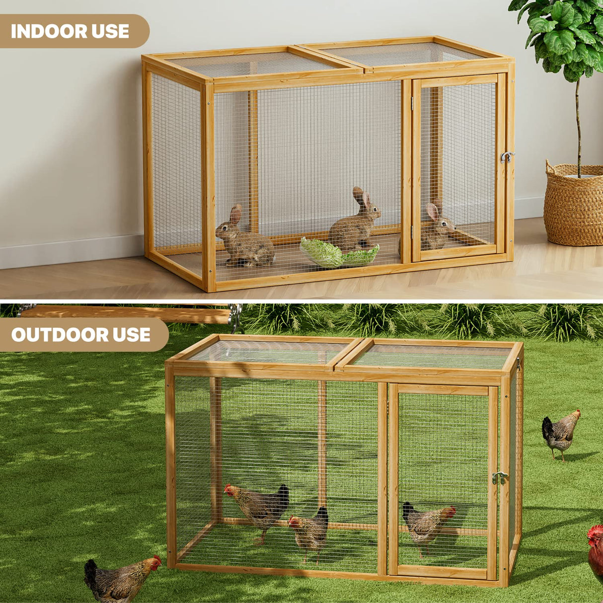 MoNiBloom Chicken Run for Yard Wood Chicken Cage Rabbit Hutch Bunny Pen with Openable Roof and Side Door, Outdoor Lockable Duck Coop Small Animal Habitat Enclosure Hen Coop Add-Ons, 45 x 24 x 28 inch MoNiBloom