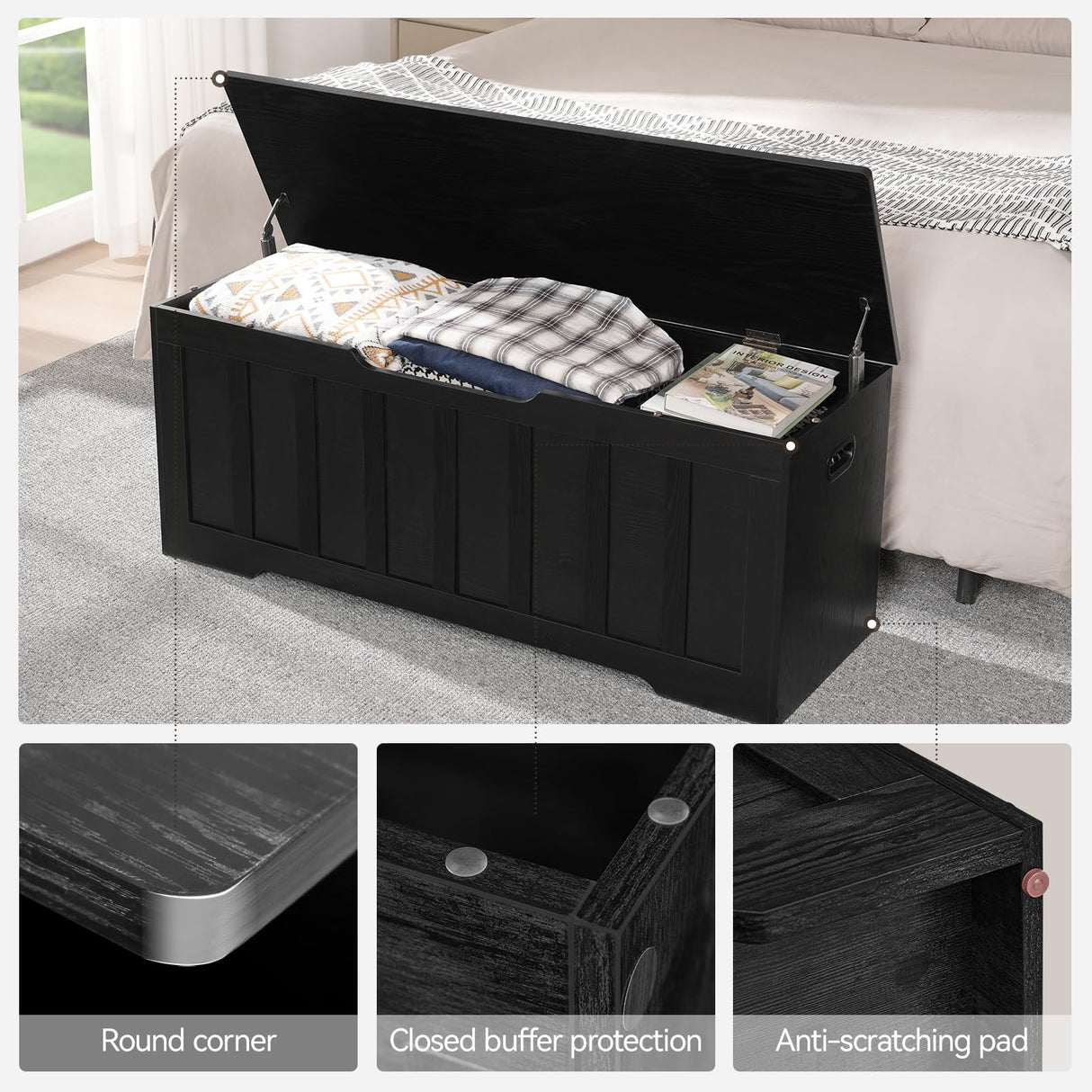 VANKILEY 47.2" Storage Chest Extra Large,Storage Trunk with 2 Safety Hinges,Wooden Storage Bench,Shoe Bench,47.2x15.7x19.1 Inch,Easy Assembly,Storage Bench for Bedroom,Living Room,entryway(Black). VANKILEY