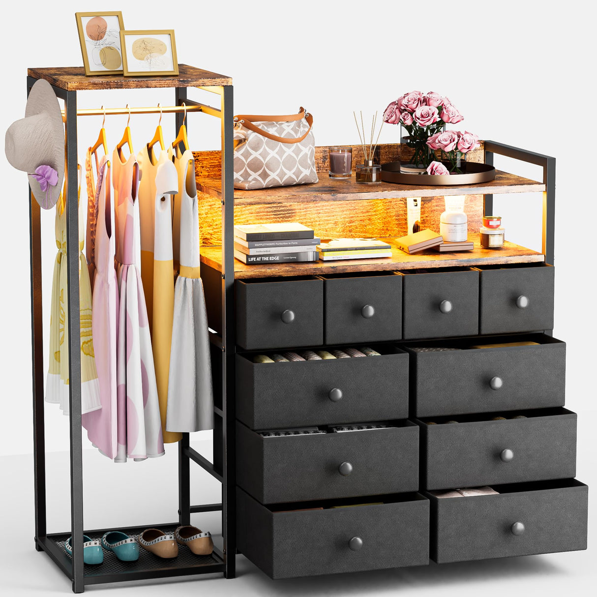 HPWLYO 10 Fabric Drawers Dresser with LED Light,Black Dresser for Bedroom with Clothes Rack, Tall Storage Chest of Drawers, Dressers & Chests of Drawers, Wooden Top, Bedroom, Closet Upgraded HPWLYO