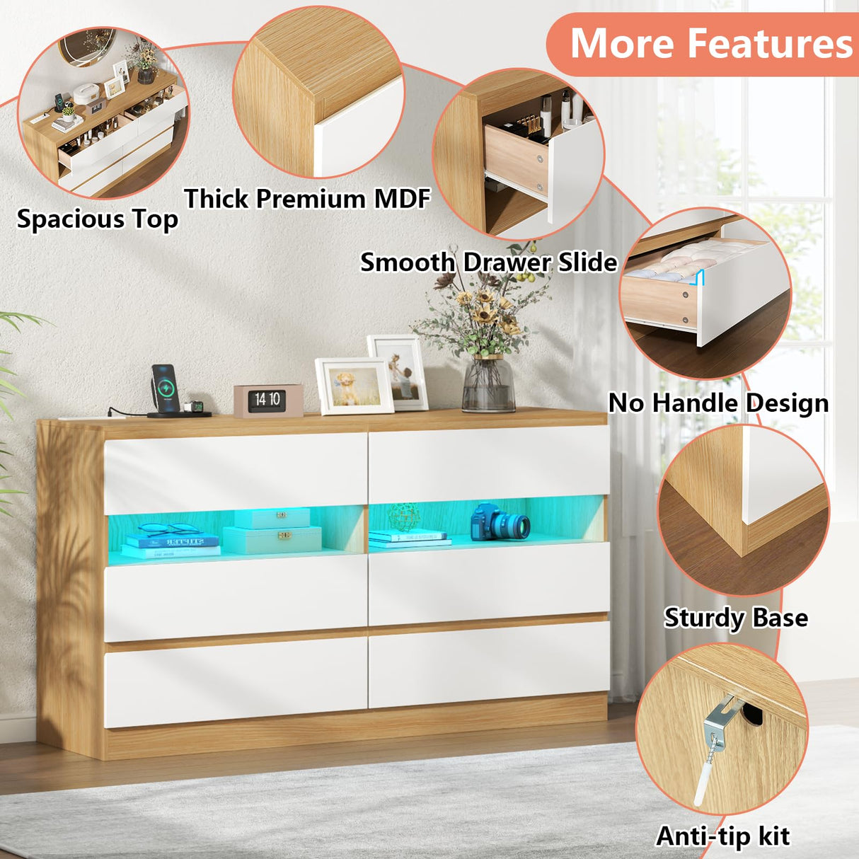 Loomie 6 Drawer Dresser with Power Outlet, Modern Chest of Drawers with LED Light, Dresser for Bedroom, Double Wide Drawer Dresser Organizer Cabinet for Living Room,Entryway (White & Light Wood) Loomie