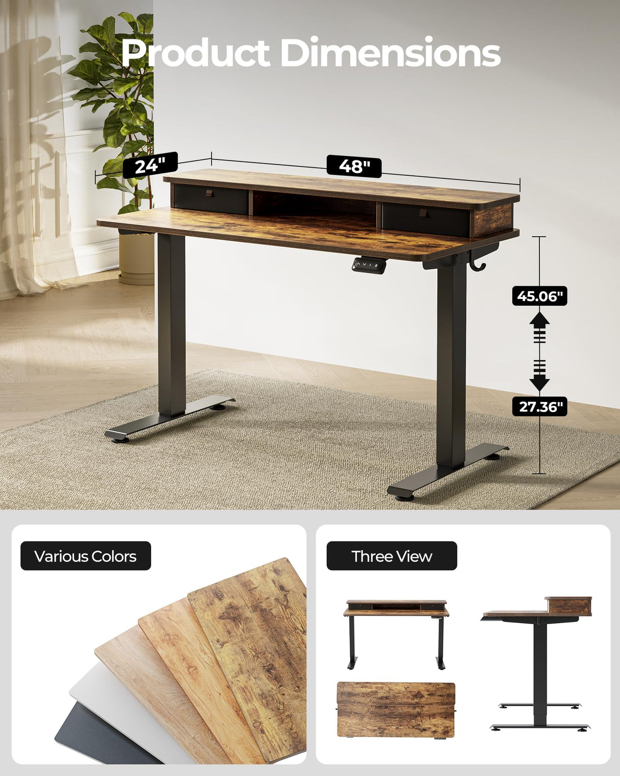 FEZIBO 48 x 24 Inch Height Adjustable Electric Standing Desk with Double Drawers, Stand up Desk, Home Office Computer Workstation with 4 Height-Adjustable Feets & 2 Hooks, Rustic Brown FEZIBO