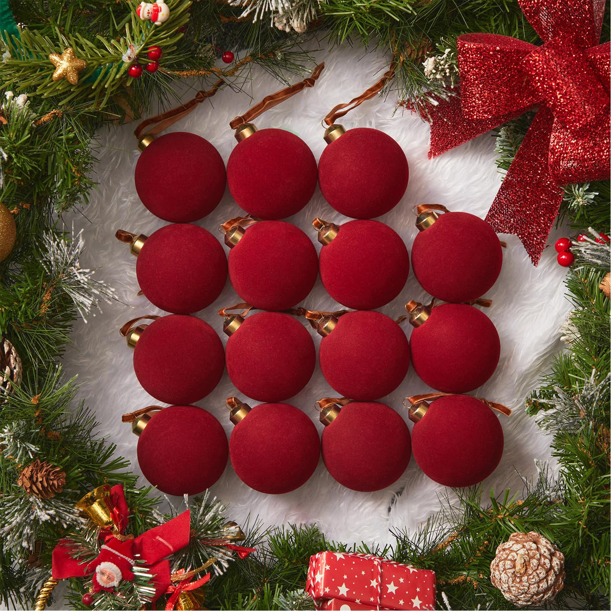 Brightown 15 Pcs Red Velvet Christmas Balls, 3.15 Inch Velvet Ornaments for Christmas Tree, Christma Tree Flocked Ornaments Balls for Family Holiday Wedding Party Xmas Hanging Decoration Brightown