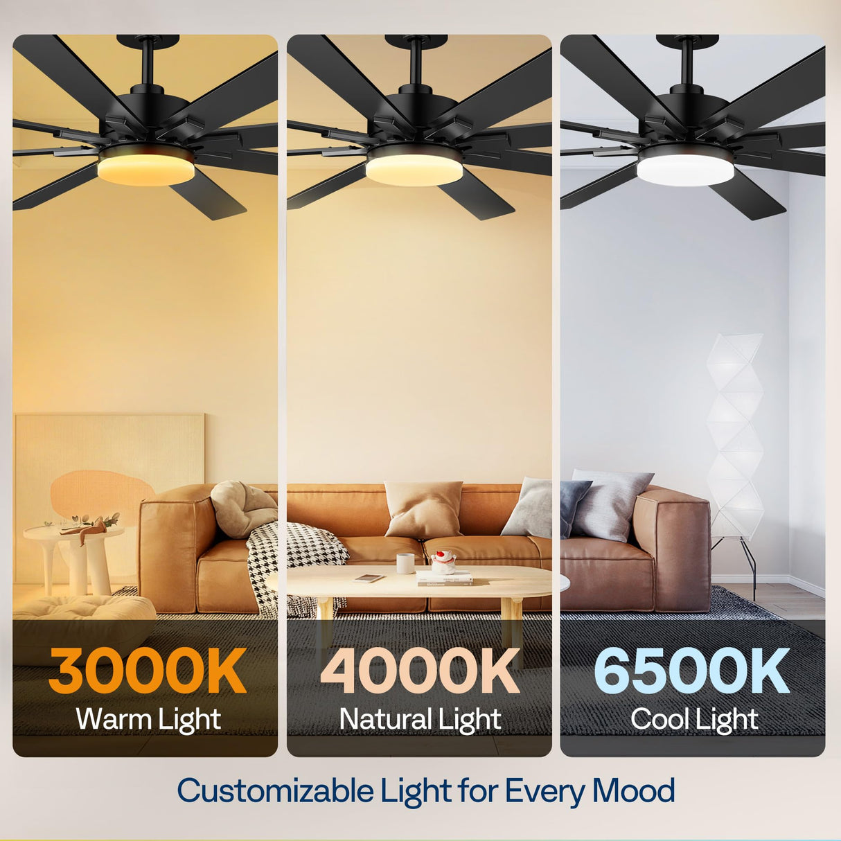 VIVOHOME 72 inch Ceiling Fans with Lights, Flush Mount Large Ceiling Fan with Remote Outdoor Indoor, for Living Room, Bedroom, Patios, 6+1 Speeds Reversible, 3CCT, Dimmable, Timer, Black VIVOHOME