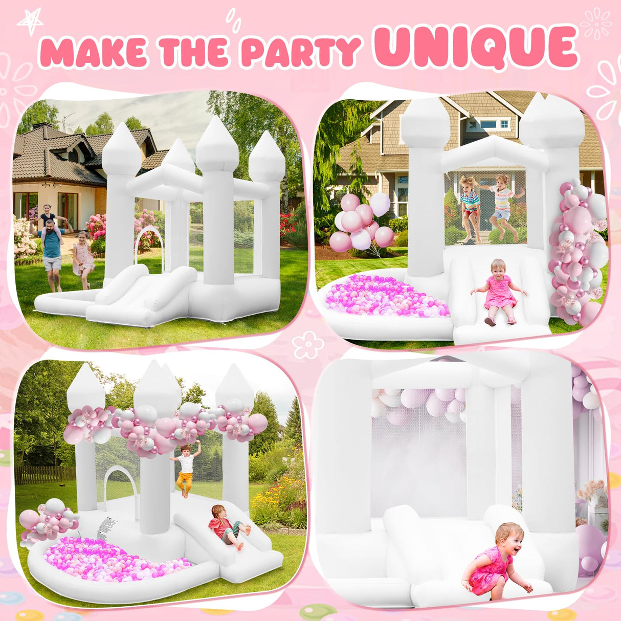 FBSPORT White Bounce House, Inflatable Bouncer with Air Blower,Indoor & Outdoor Bouncy Castle with Big Ball Pit for Wedding Party Kids Birthday Party, Easy to Install FBSPORT