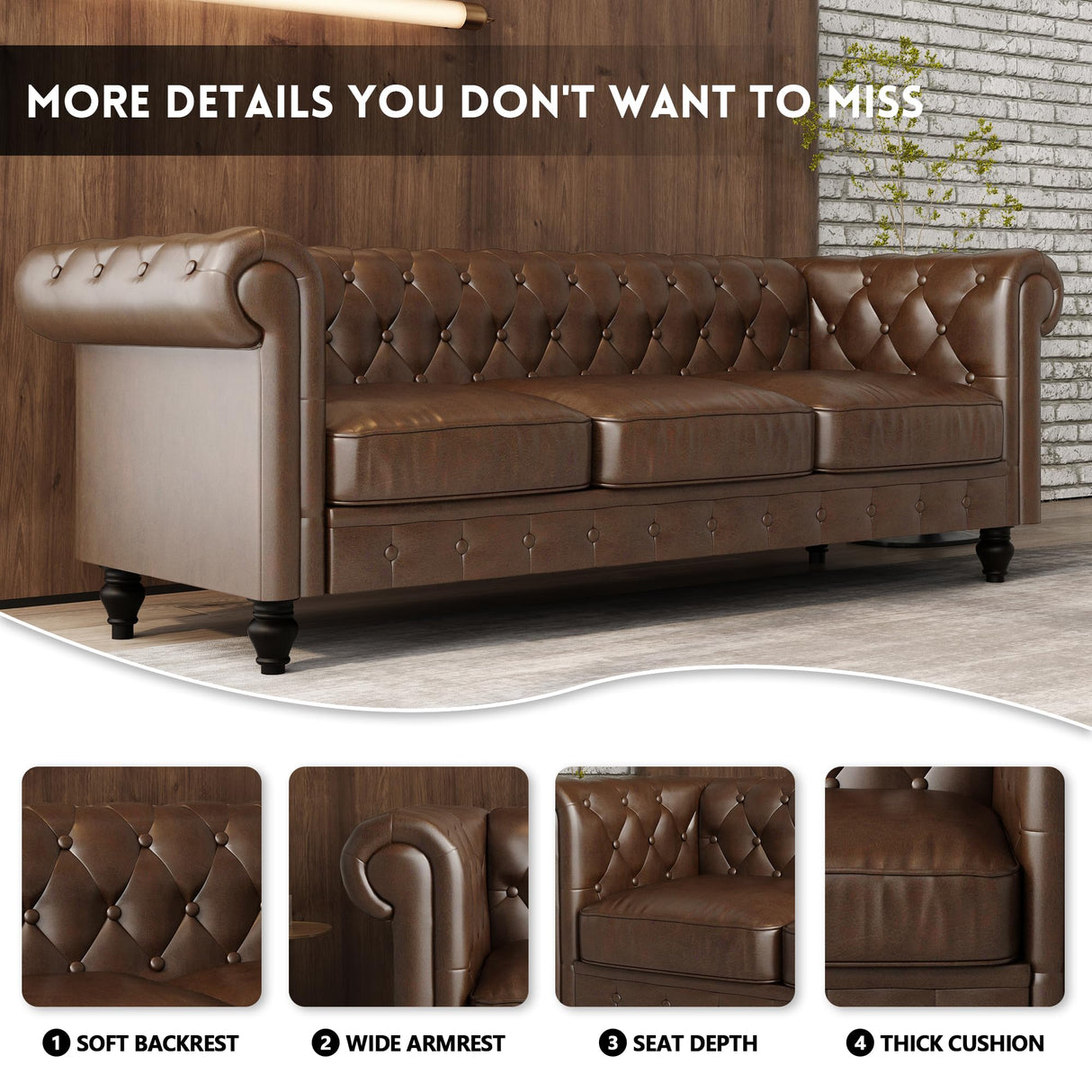 LaiBiKe Leather Brown Sofa for Living Room Chesterfield 3 Seater Couch Sofa Comfortable Soft Sturdy Durable Furniture for Office Bedroom Apartment Hotel Place (03-Brown-80) LaiBiKe