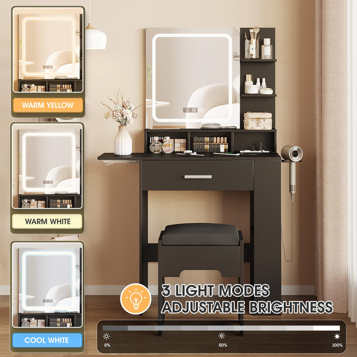 Vabches Makeup Vanity with Mirror and Lights, Small Vanity Desk with with Drawer Lots Storage, Vanity Set with Storage Drawer, Chair and Three Shelves, Black Vabches