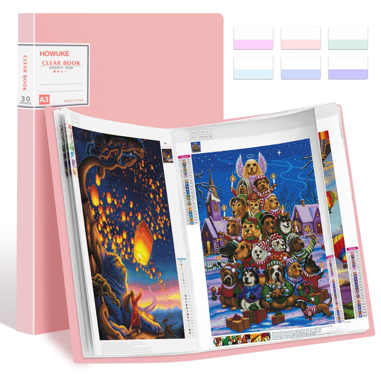 A3 Diamond Painting Storage Book, 60 Views Art Portfolio Presentations Folder with 30 Pages Protectors, 17.3x12.8in HOWUKE