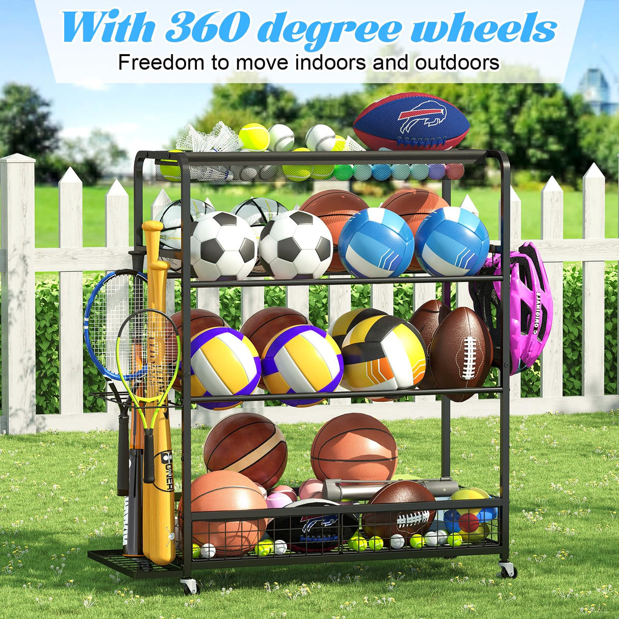 Jsskeeim Garage Sports Equipment Storage Rack,Wheeled Sports Ball Storage Bin,Garage Sports Equipment Organizer,Ball Organizer Toy Organizer with Baseball Bat Holder and Hooks-Black Jsskeeim