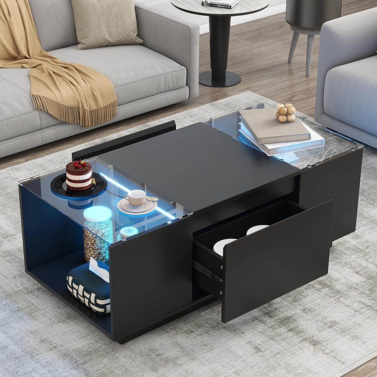 Black 2-Tier Rectangular Table with Tempered Glass Top and Drawers, LED Coffee Table with Storage, Modern High Gloss Black Coffee Table RuiSiSi