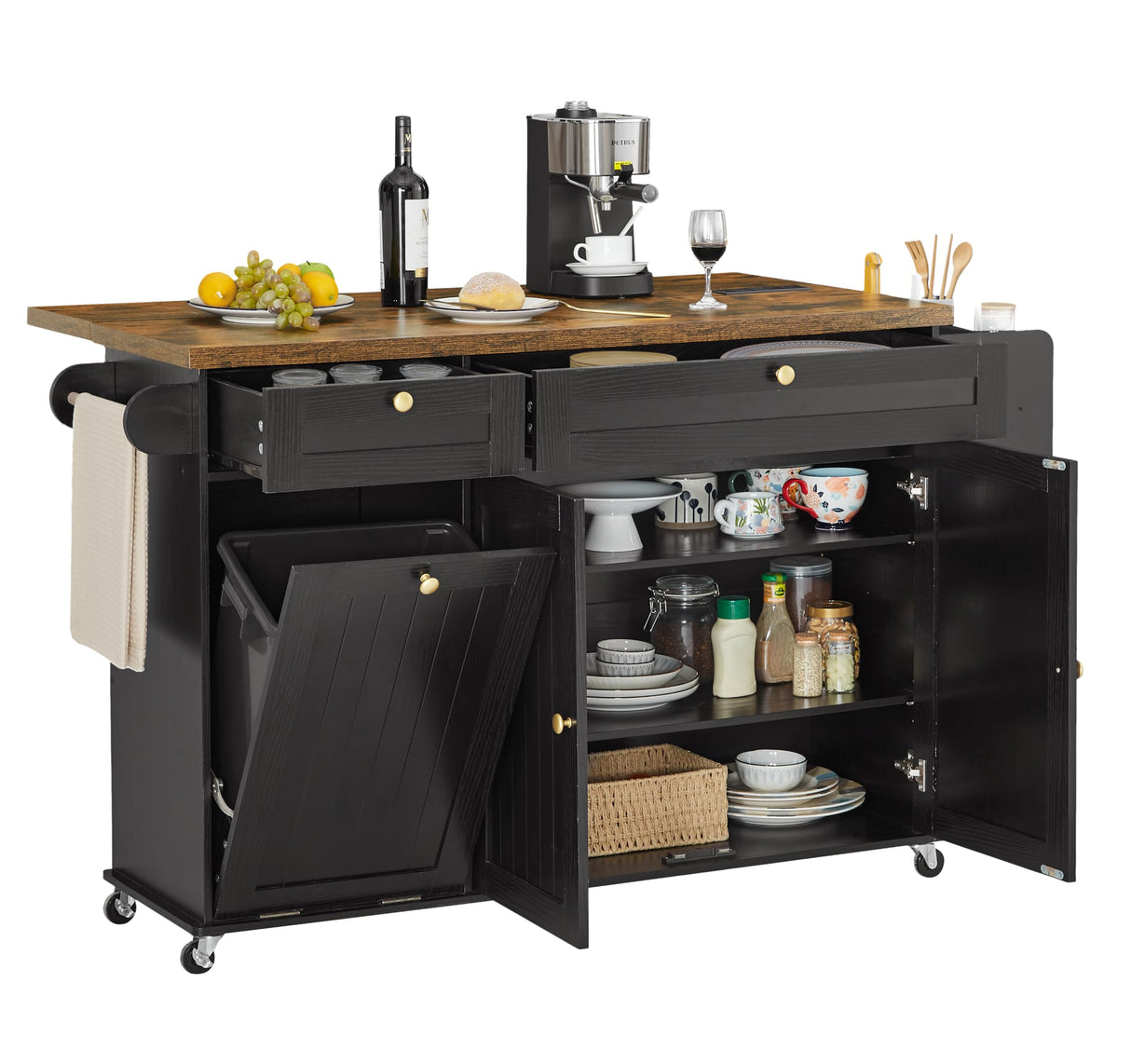 60" Kitchen Island with Power Outlet & Drop Leaf, Kitchen Rolling Island with Spice Rack & Towel Rack, Knife Holder, Kitchen Island Cart with Trash Storage Cabinet, Mobile Island Table for Kitchen ONBRILL