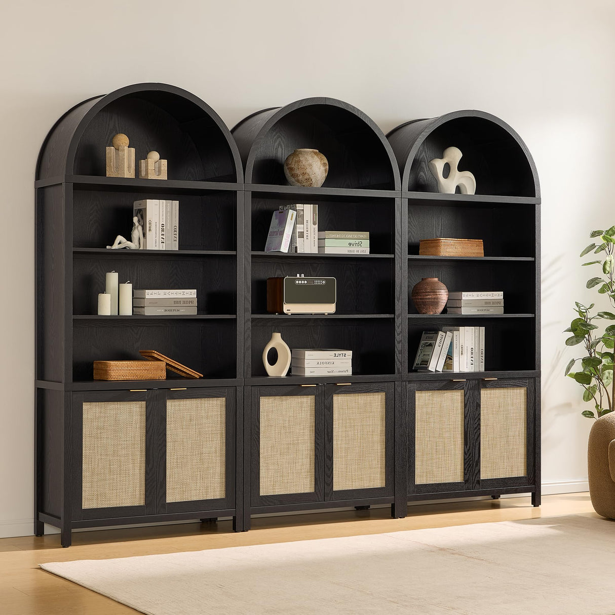 SICOTAS Book Shelf Arched Cabinet Bookshelf Arch 84.2" Tall Bookcase 5 Tier Large Bookshelves with Doors Storage Rattan Boho Wide Book Shelves Case for Living Room Kitchen Office Bedroom Library SICOTAS