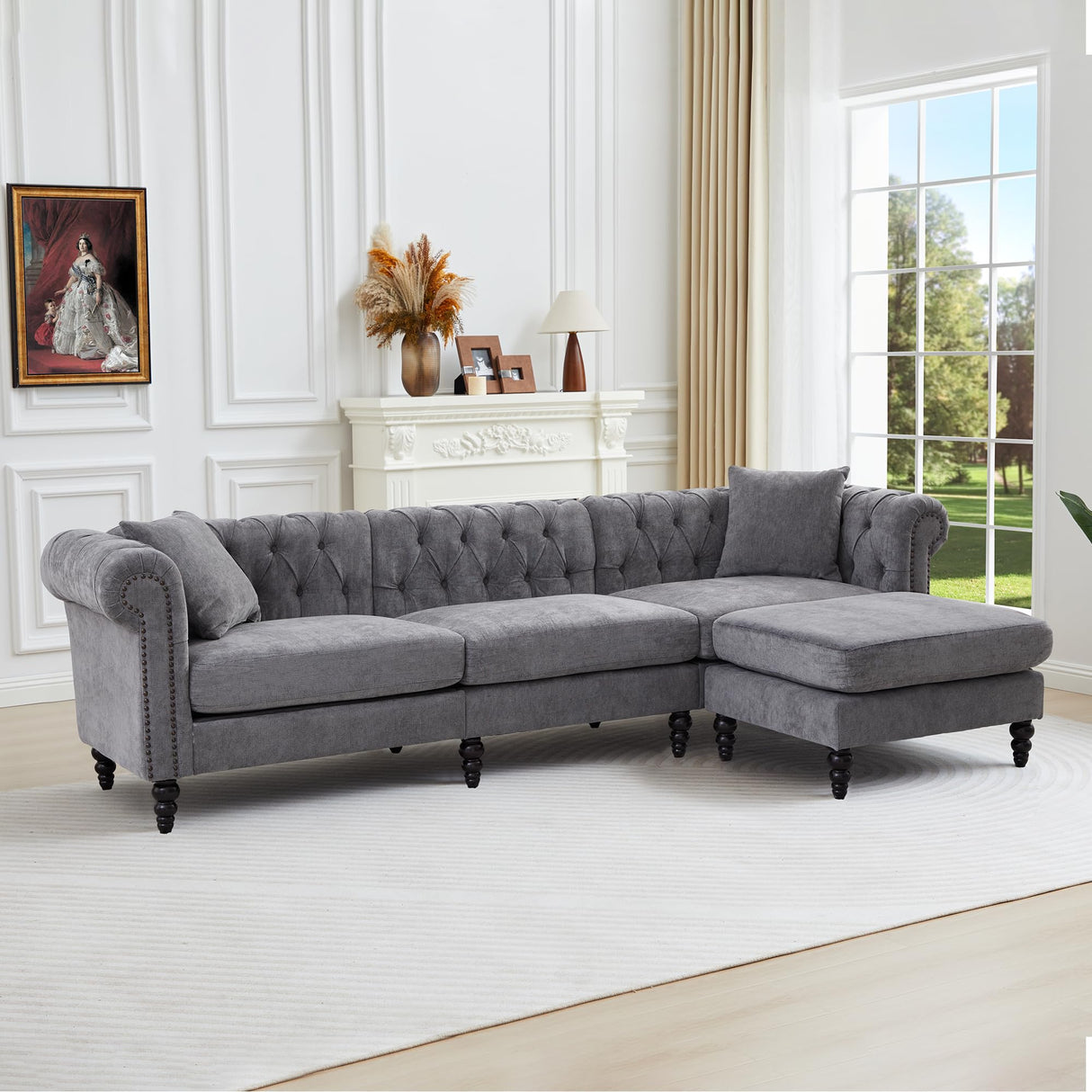 AVZEAR Chesterfield L Shaped Sofa Modular, Sectional Linen Fabric Couch with Ottoman and Pillow, Modern Bed Deep Seat Sofa Living Room Furniture Sets for Living Room, Bedroom and Apartment, Grey AVZEAR