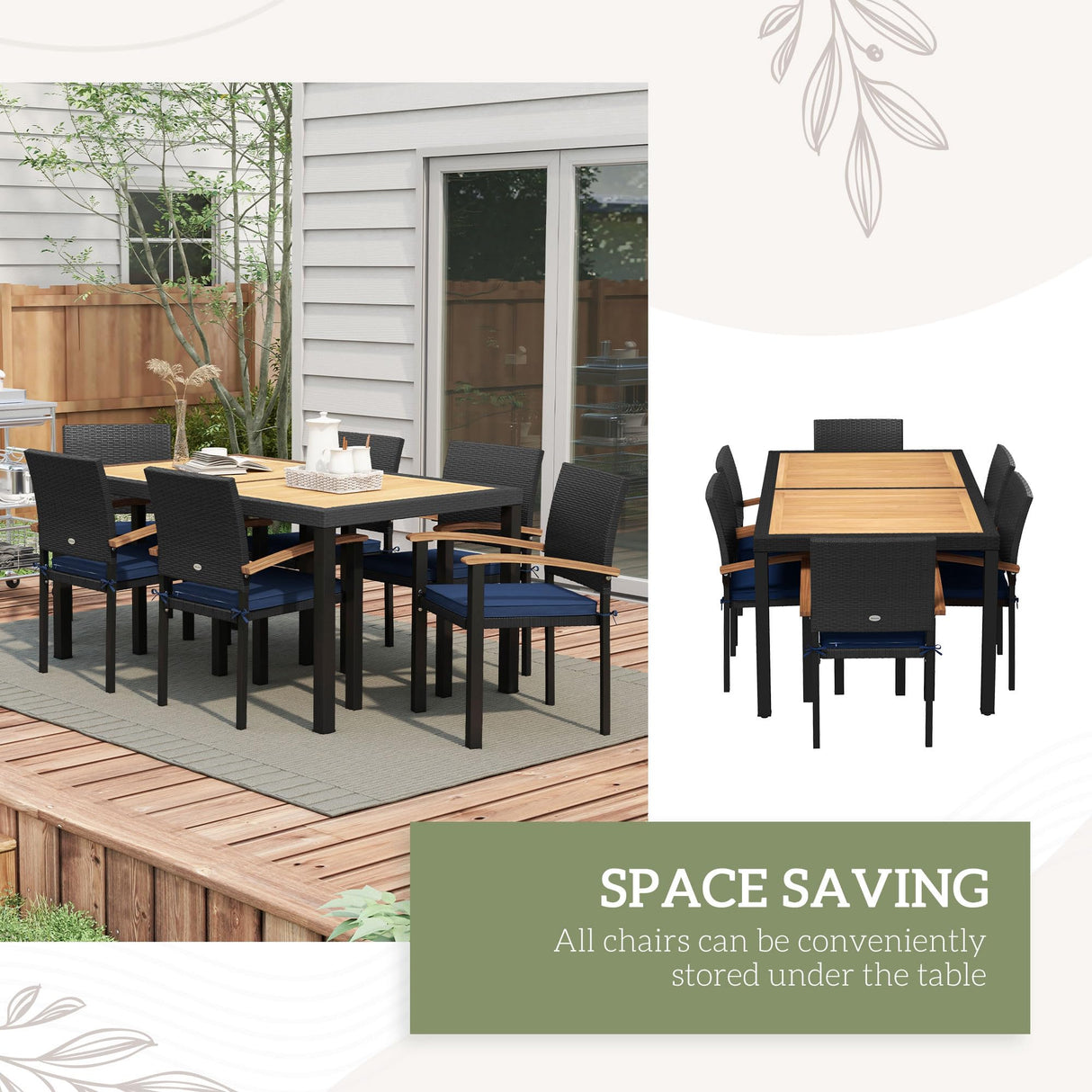 Outsunny 7 Pieces Patio Dining Set with Space-Saving Design, Wicker Patio Furniture Set Outdoor Dining Set with Acacia Wood Table Top, Cushions, for Backyard, Balcony, Garden, Deck, Black Outsunny