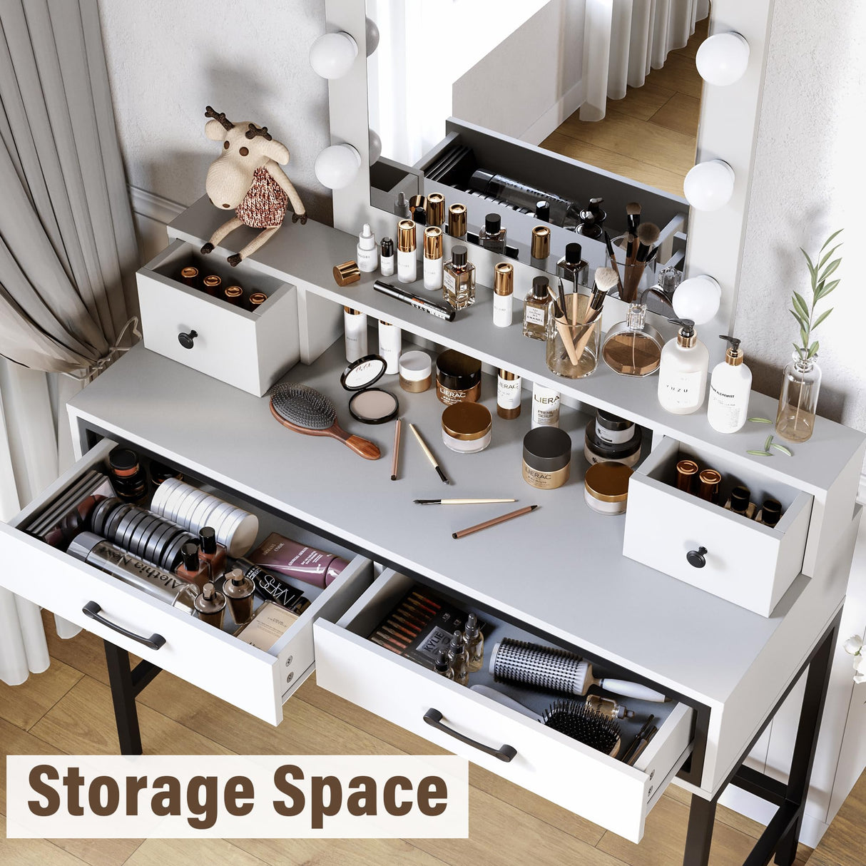 RoyalCraft Vanity with Lights, Makeup Vanity Desk with 3 Color Dimmable Lighted Hollywood Mirror, White Vanity with 4 Drawers, Large Dressing Table for Women Girls RoyalCraft