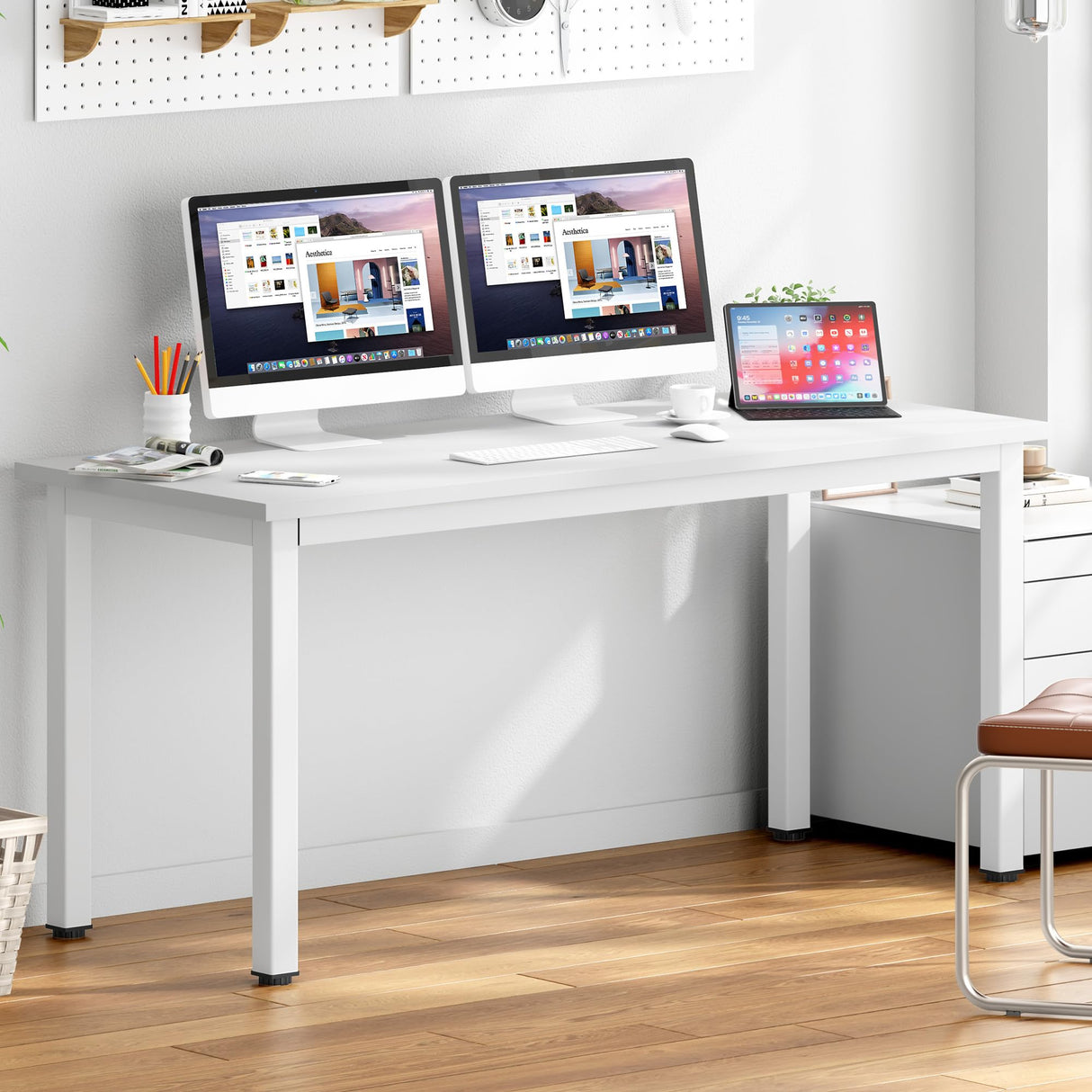 DlandHome 63 inches X-Large Computer Desk, Composite Wood Board School Desk, Decent and Steady Home Office Desk/Workstation/Table, BS1-160WW, White and White Legs, 1 Pack DlandHome