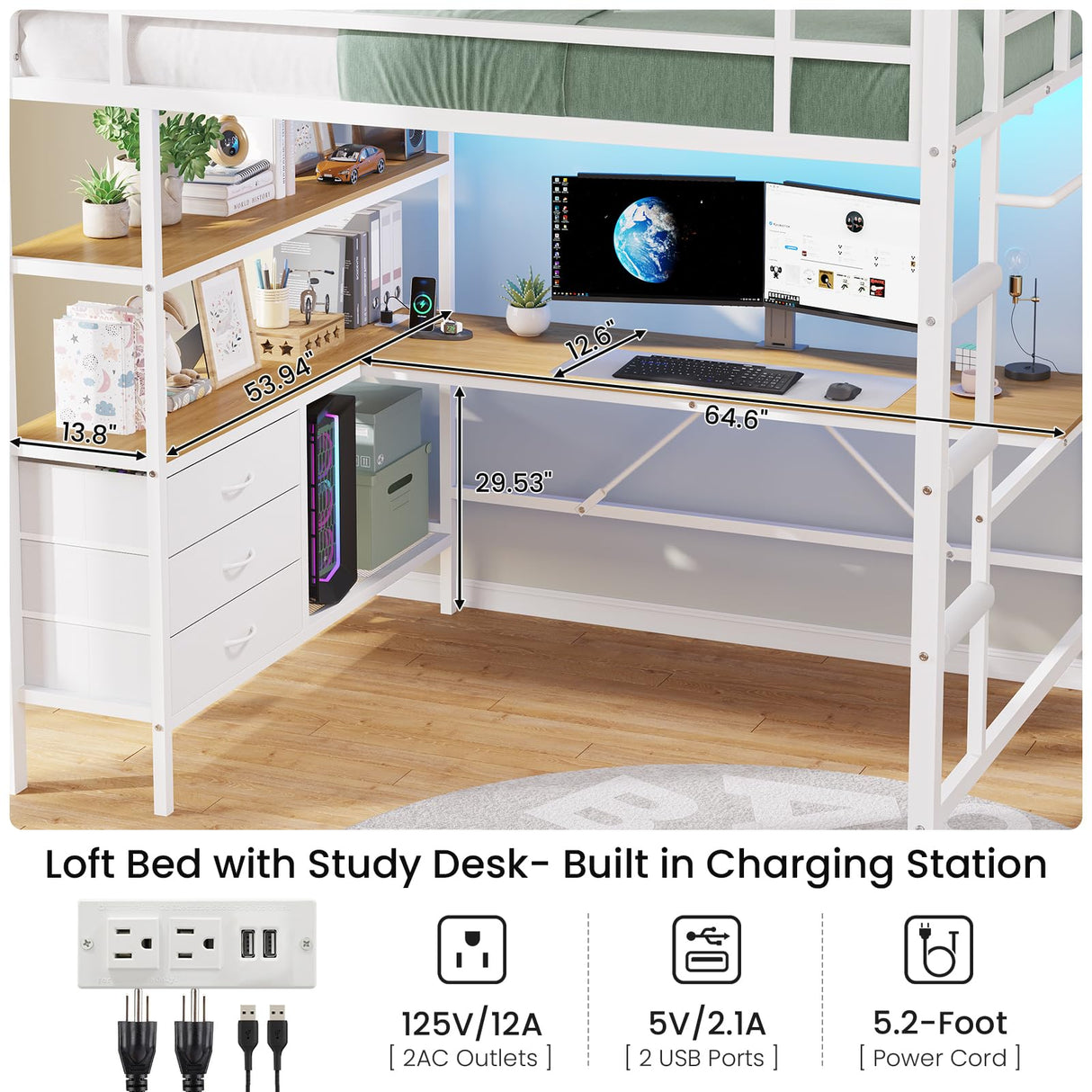 DICTAC Full Size Loft Bed with L-Shaped Desk, LED Lights and Charging Station Full Metal Loft Bed Frame with 3 Storage Shelves & 3 Fabric Drawers,Loft Beds with Top Bunk -Safety Guard & Ladder,White DICTAC