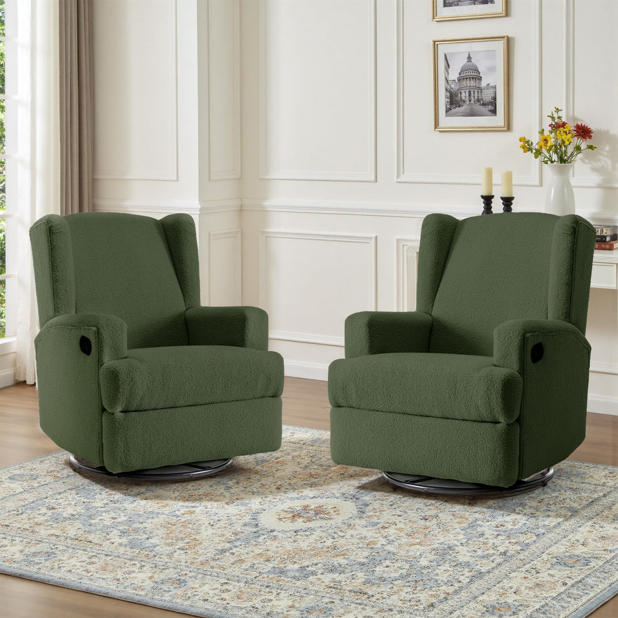 UIXE Swivel Glider Recliner Chairs Set of 2, Boucle High Back Accent Chair Nursery Rocker for Living Room, Upholstered Manual Reclining Sofa Seating with Deep Seat - Green UIXE