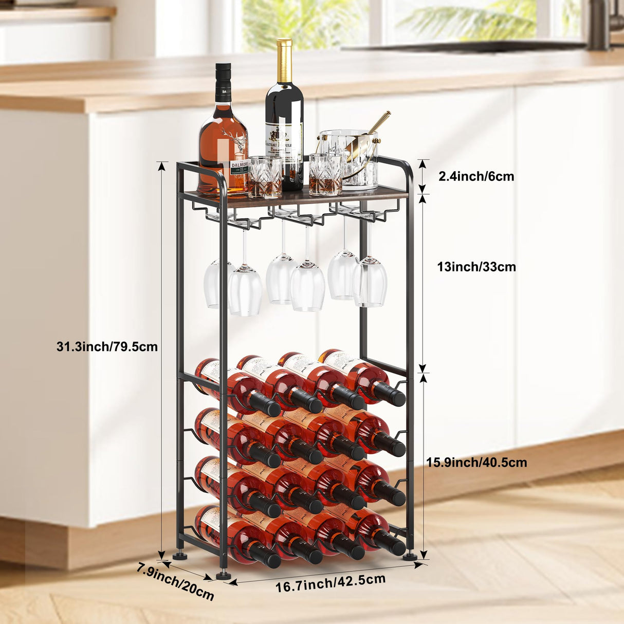 IBEDMAZIE Freestanding Floor Wine Rack,16 Bottles Wine Shelf for Kitchen,Dining Room,Home,Office, Bar,Perfect Combination of Wood and Metal, Easy to Install IBEDMAZIE