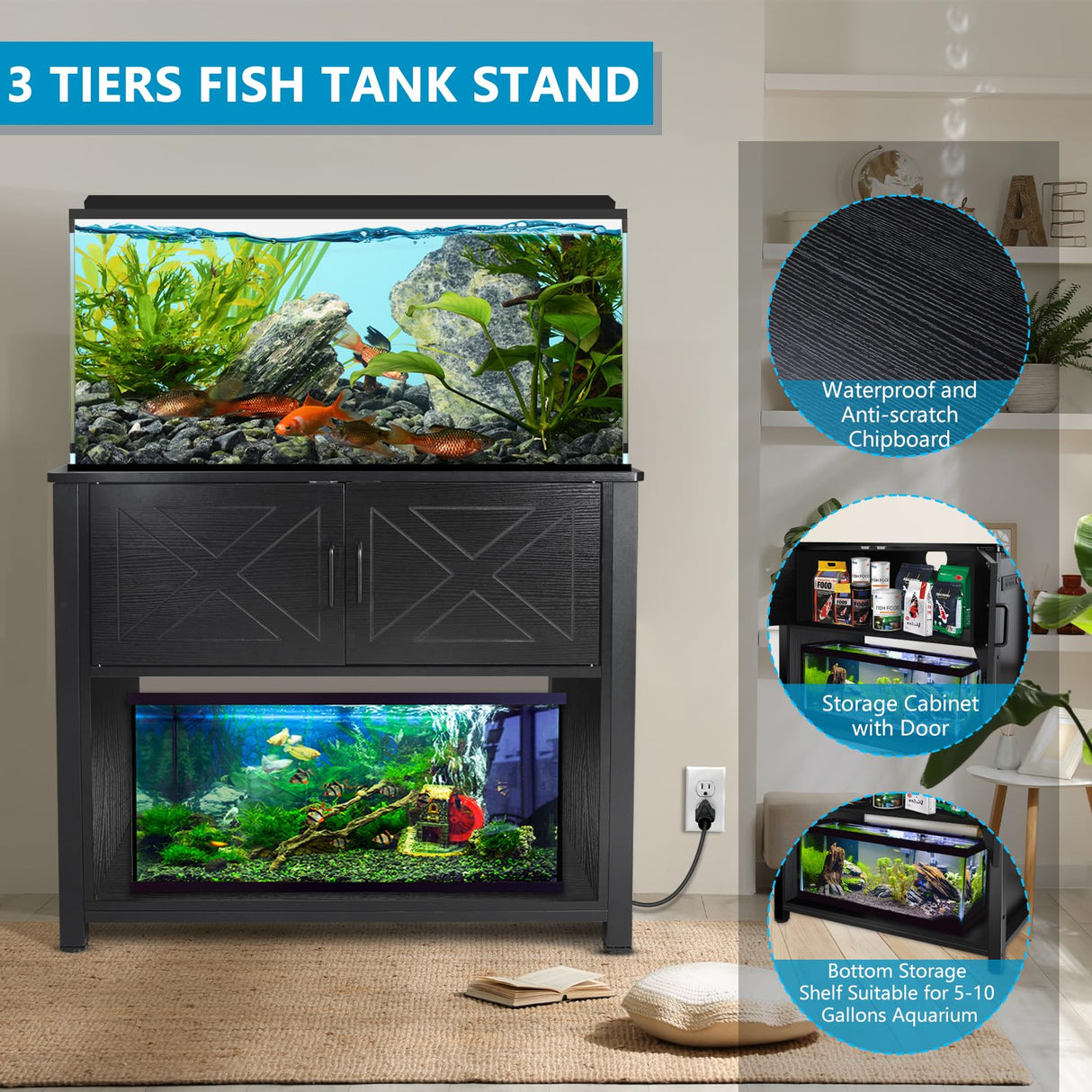 BEURUKU 40 Gallon Tank Stand with Cabinet and Power Outlets, Heavy Duty Metal Aquarium Stand for 40-50 Gallon Breeder Tank, Turtle Tank, Double Terrarium Stand, 660LBS Capacity, Black BEURUKU