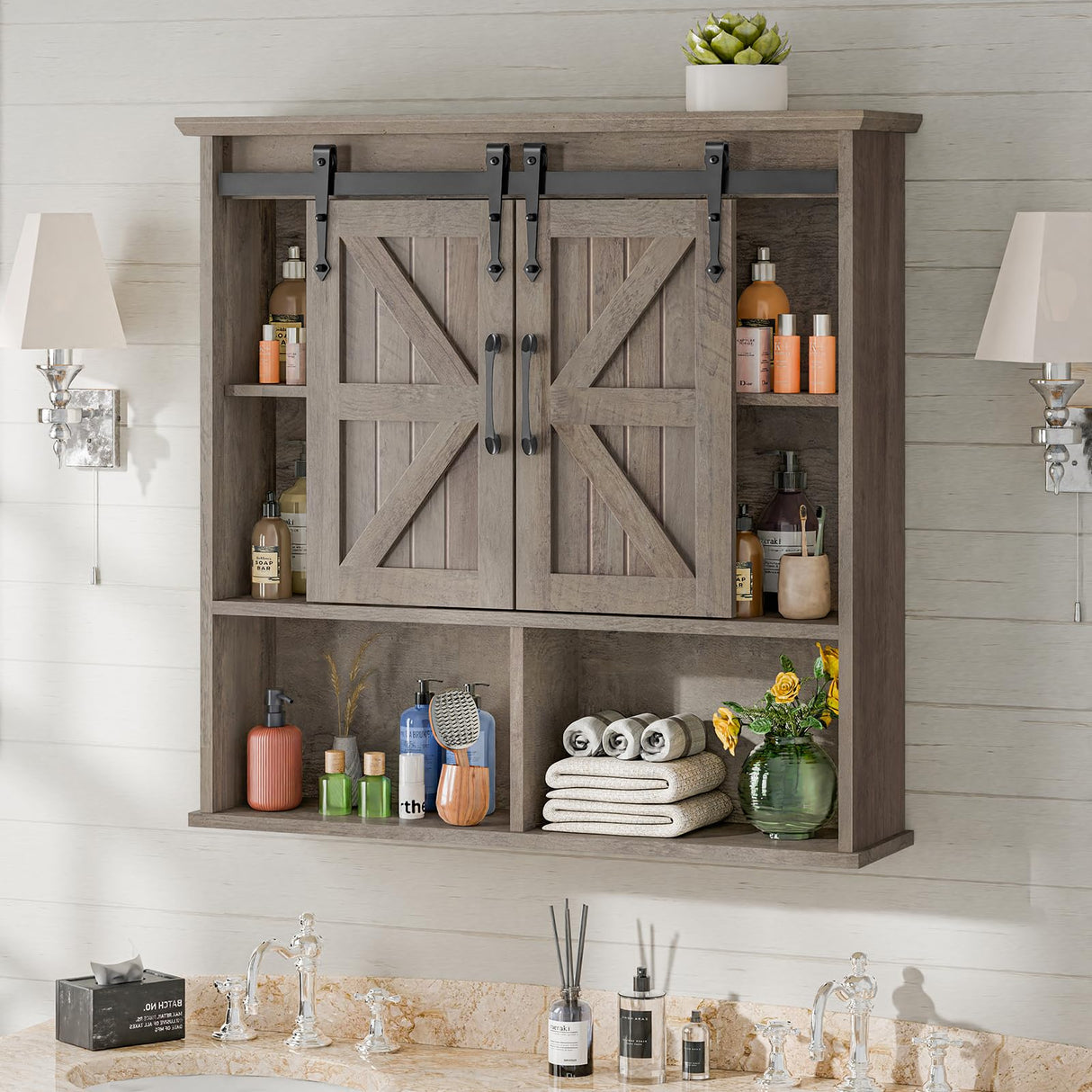 Vabches Bathroom Wall Cabinet, Farmhouse Wooden Medicine Cabinet with Double Sliding Barn Door and Adjustable Shelves, Farmhouse Storage Cabinet Wall Mounted for Bathroom, Kitchen Dining, Washed Oak Vabches