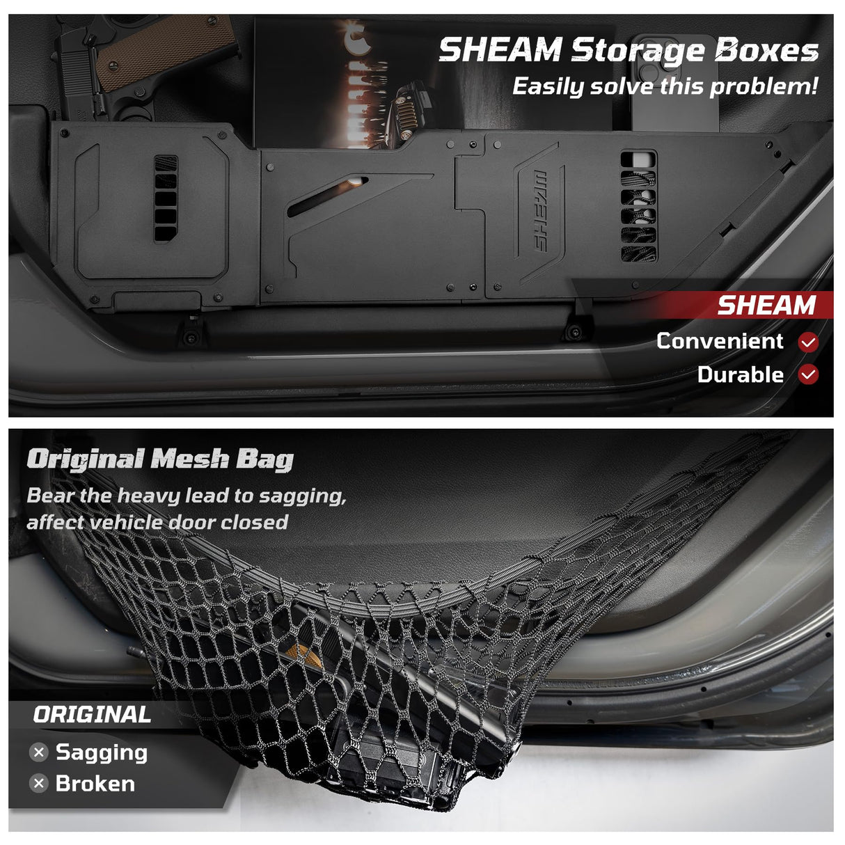 SHEAM Metal Front Door Pocket Storage Box Compatible with 2018-2025 Jeep Wrangler JL 2/4 Door 4XE Gladiator JT, Car Side Insert Organizer Box Interior Accessories Replaces Weak Saggy Net -2PCS SHEAM