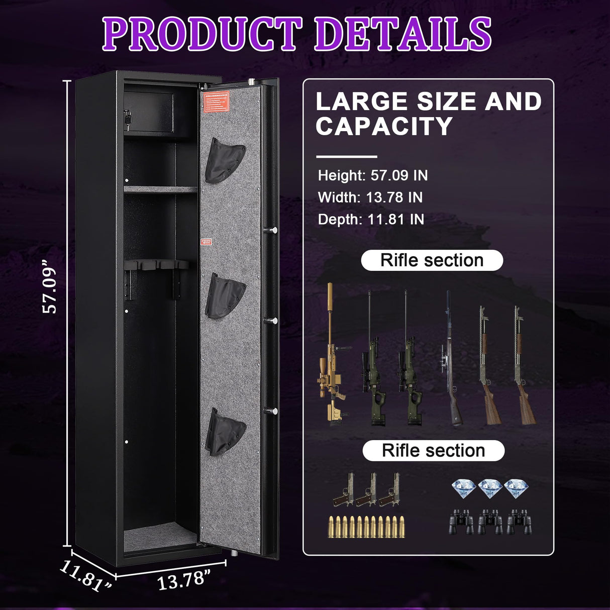 8-10 Rifle Safe for Home, Biometric Fingerprint, Password and Keys Gun Locker, 57.1" Tall Gun Safe No Assembly Required, Gun Safe for Rifles with Led Light, Black Firearm Safe, Alarm System Marcree