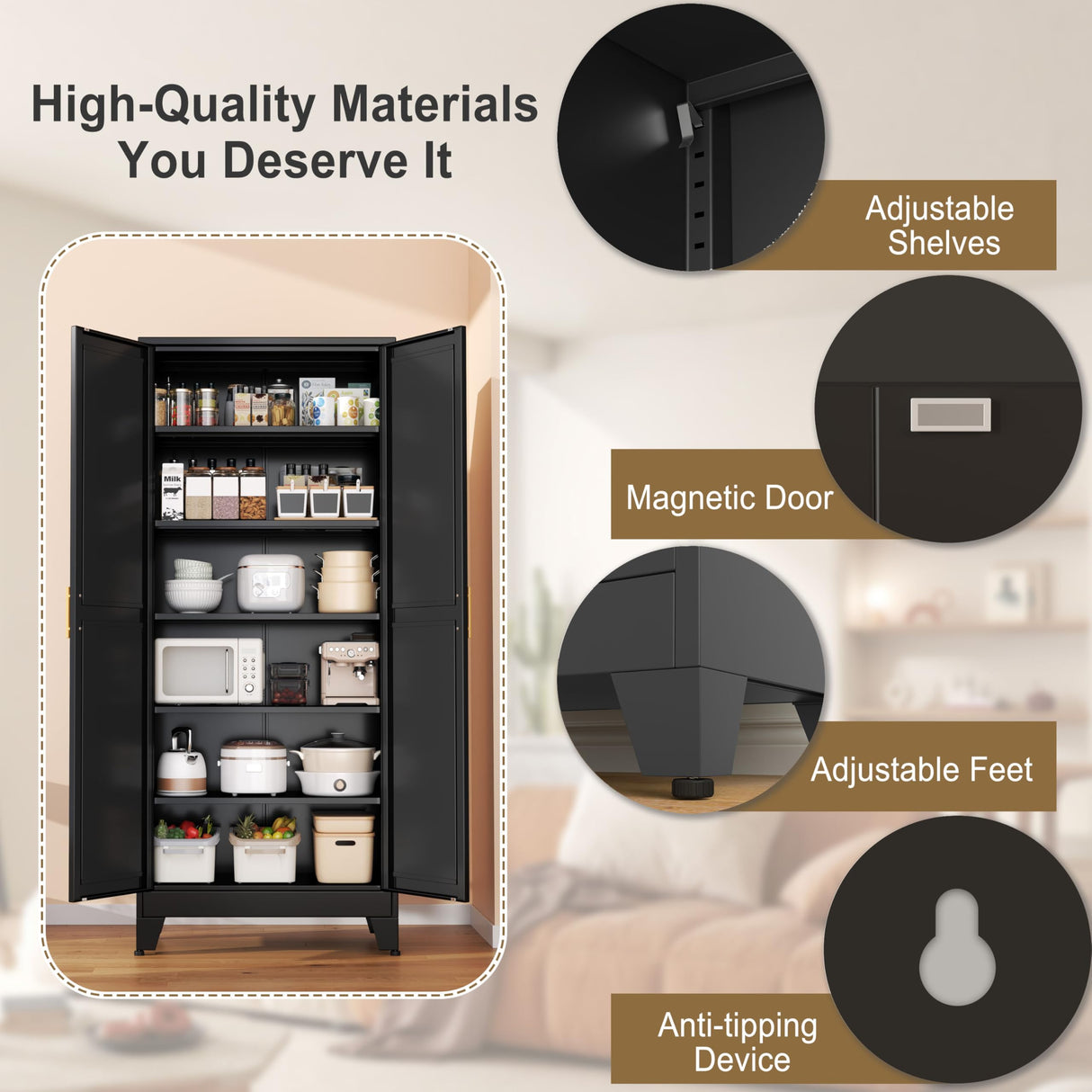 pozdeg Metal Storage Cabinet - 75” Tall Steel File Cabinets with 2 Doors and 5 Adjustable Shelves Versatile Storage Pantry Cabinet for Home Office Warehouse Garage or Outdoor (Black) pozdeg